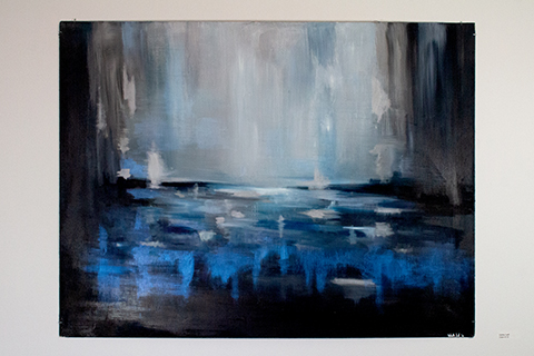 A two-foot tall by three-foot wide abstract painting that references a landscape. The color pallet stays within blues, uses whites and blacks, and utilizes a metallic sheen in the foreground to help give the painting space.