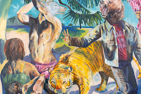 A large size oil painting depicting five figures in an outdoor setting. In the background, there is a blue sky, the ocean, and some small islands, as well tree branches. The figure furthest to the left is a seated female wearing a green dress. Below here is a man with his arm raised, the lower half of his body cropped out of the painting. To their right is a standing male figure with a white canine head wearing pink shorts with his hands raised over his head. In the center of the painting is a tiger walking towards the viewer. On the right side of the tiger is another figure wearing a brown jacket, red t-shirt with obscured text. This figure has a roaring bear's head. On the far right-hand side of the painting, there is a hand gripping a pink piece of fabric, possibly a flag. The dog-headed and bear-headed figures are facing each other, and the bear-headed figure is reaching out to the dog-headed figure as if to stop him.