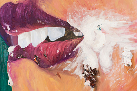 The painting shows an extreme crop of a woman's lips and teeth. She is wearing metallic purple lipstick and has white frosting with sprinkles smeared across her mouth.