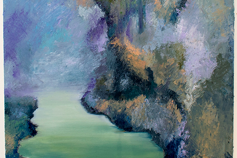 An abstract outdoor scene depicting a river and foliage in hues of green, purple, and pale orange.