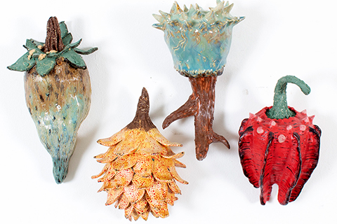 Four different wall-hanging abstract ceramic plants.