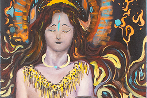 This is a 69x24 inches oil painting. The central canvas is a naked female figure with a yellow choker and a big jewelry necklace. Her eyes are half closing, staring at the viewer, and her hands are crossing in front of the body. Her bottom becomes the lake blue snake tail which starts from the waist. There is a triple-layer halo behind her head, and some orange and blue patterns surround the halo. The black ground is black with some multiple colors cloud-like ribbons.