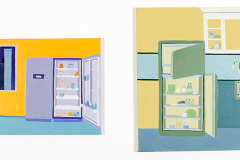 This is two separate paintings. Each is a painting of a freezer-refrigerator in a room with one or both of its doors open showing the contents. In some cases, the freezer-refrigerators are full and in others they are empty. The paintings play with color, pattern, and composition in a whimsical manner.