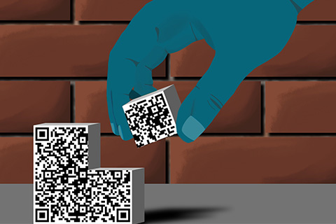 graphic digital image of a blue hand holding a block that completes a QR code in front of a brick wall