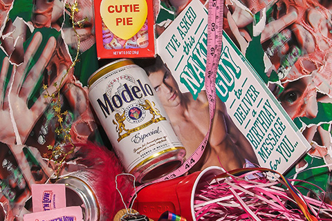 Image of mainly pink and green items such as "sweet n low", red solo cup, tape measurer; the background is of cutout images of a figure