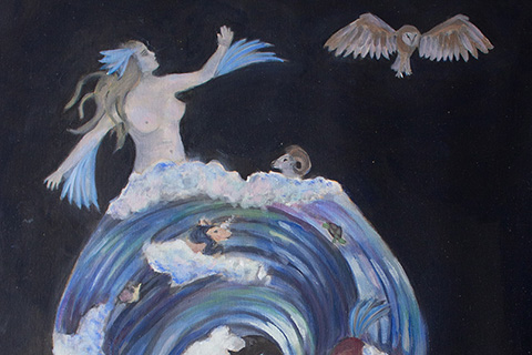 painting of a sea woman like figure with a skirt made of circling water and animals on a black background; there is an owl on the top right