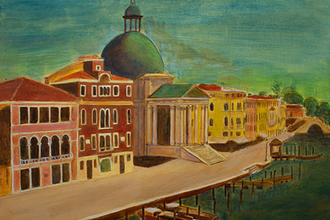 painting of Venice, Italy; buildings on a canel; painting has a green tint