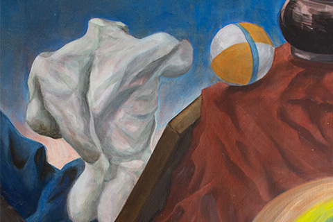 painting of a still life; miscellaneous objects on a brownish/red cloth on the right and the back of a plaster cast on the left