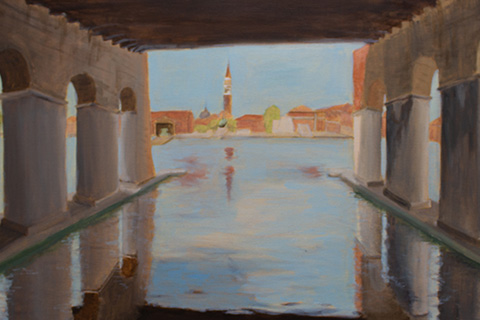 painting of a bridge underpass over water with buildings in the distance