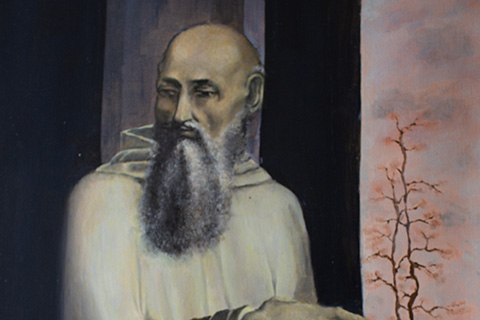 painting of a man who is bald and has a gray beard next to a window looking out on a blossoming tree