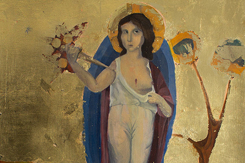 Painting of a woman wearing a white fabric outfit exposing a breast while holding a pointed object pointing at herself; at the bottom, there are figures looking up at her