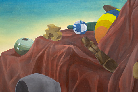 painting of a still life; miscellaneous objects on a brownish/red cloth on a blue and yellow ombre background