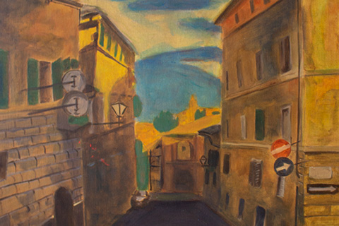 painting of an alleyway and buildings on either side