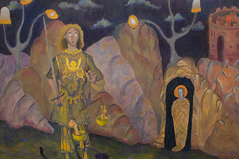 painting of a man in gold with a sword stepping on a dark creature with lights and a figure behind him