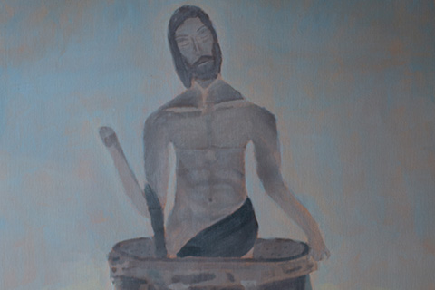 painting of an unclothed male-presenting figure, visible from the torso up, inside of an object; painting has a blue tint