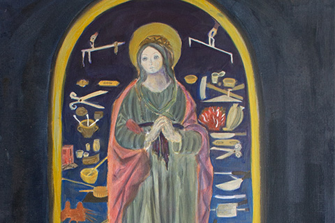 painting of a figure wearing a long gown surrounded by random small objects on a dark blue background