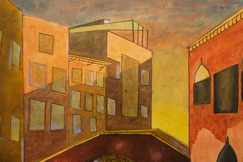painting of gold buildings reflecting light from the sun
