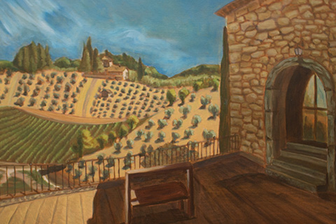 painting of a deck with a bench looking out on the Tuscan landscape of rolling hills and greenery