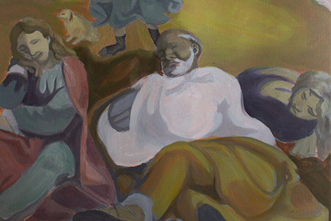 painting of 3 figures sleeping and two figures above them, one of the figures is portrayed with only the bust and wings