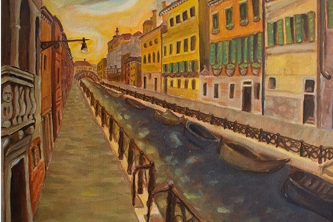 painting of Venice, Italy; boats sitting in a canal surrounded by buildings along both sides