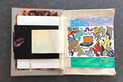 The eighth page is artist Ariel Wexler. This is another horizontal page. It is a marker drawing with paper collaged on top. At the center of the image is an open laptop. Surrounding the laptop is a loud array of shapes and colors.