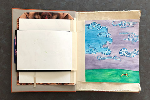 The ninth page is artist Maggie McNeely. It is a watercolor painting of a little dog running in a field with a large daunting sky of swirly clouds. One of the clouds takes on the form of a scary old witch-like face.
