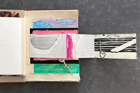 In this photo, the hand-cut print by Sonia Almeida was pulled out to reveal that the page was folded, and is double the width we initially saw. Flowing left to right, the stacked Internet launch pages get briefly interrupted by the humanness of pink watercolor marks but quickly go back to the mechanical internet. The page ends with the seeming merging of the two in the mechanical yet hand-cut qualities of the wood print.