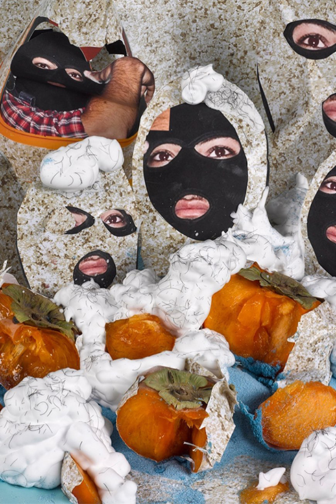 Constructed photograph with heads covered with black masks; peeled persimmon are in the foreground