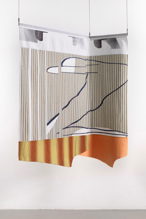Reverse Timeline Stretched, 2019 Printed fabric, screen print, cotton and wool, metal mechanism Installed dimensions: 54 × 40 × 18 inches (137.16 × 101.60 × 45.72 cm)