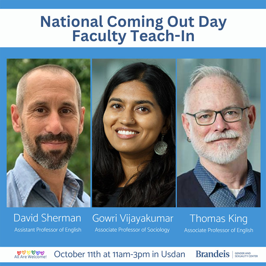 promotion of National Coming Out day with three faculty members' photos