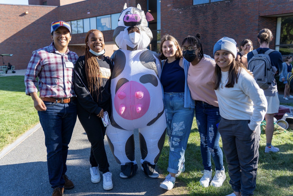 People outside flanking a person in a cow costume