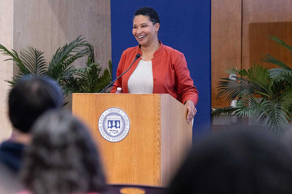 Danielle Allen speaks from the podium