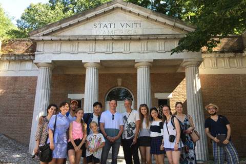 Brandeis in Siena students with Chris Bedford and Joe Wardwell outside the U.S. Pavilion at the Venice Biennale.