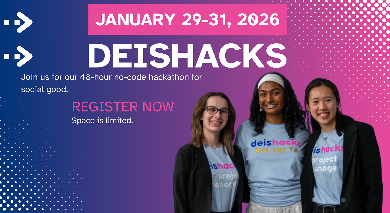 DeisHacks, January 29-31, 2026, Join us for our 48-hour social good hackathon. Register now! Space is limited.
