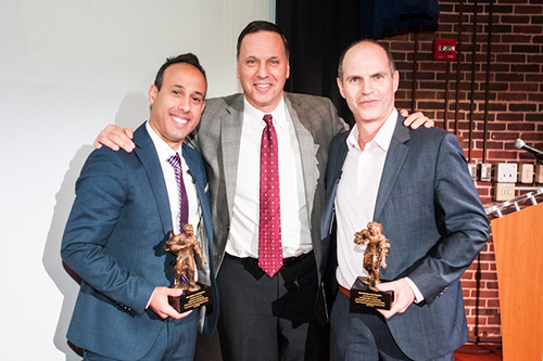 From left: Lior Div of Cybereason, Brandeis President Ronald Liebowitz, Udi Mokady of CyberArk