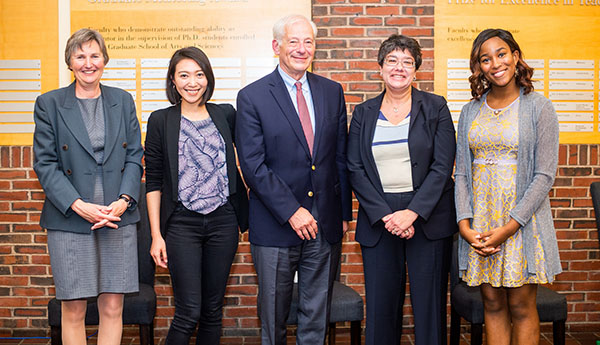 Experts discussed trade war and U.S.-China relations at the the 12th annual China Town Hall. Speakers included (left to right) Brandeis International Business School Dean Kathryn Graddy, Yaya Zhang MBA'20, Professors Peter Petri and Elanah Uretsky, and Minnie Norghaisse '19. 