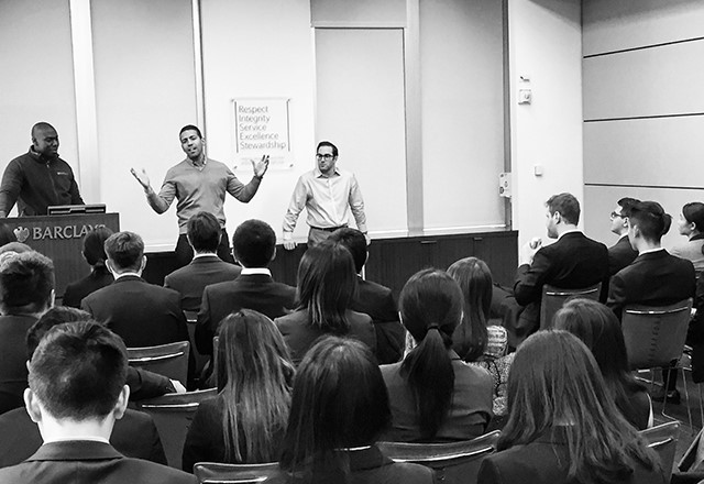 Students at the San Francisco/Silicon Valley Industry Trek attend a talk at Barclays.