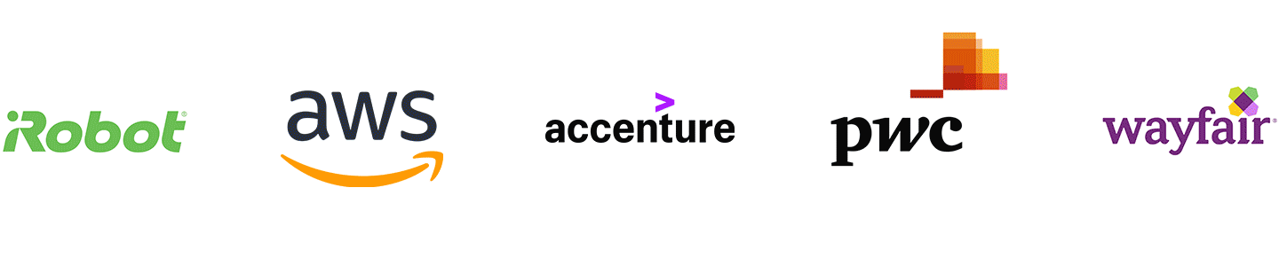 Scrolling image of company logos including Wayfair, AWS, Accenture, PwC, iRobot, Bank of America, EY, JPMorgan Chase, KPMG, Deloitte
