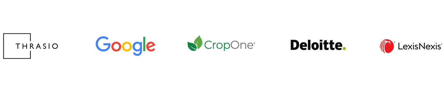 Scrolling company logos including CropOne, LexisNexis, Google, Thrasio, Deloitte, DLZ, Sanofi, JPMorgan Chase, Fidelity, KPMG