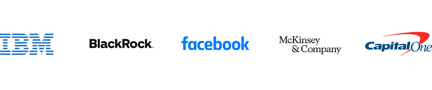 Scrolling company logos including Facebook, McKinsey & Company, CapitalOne, IBM, Blackrock, iRobot, ebay, Aetna, Deloitte, PwC