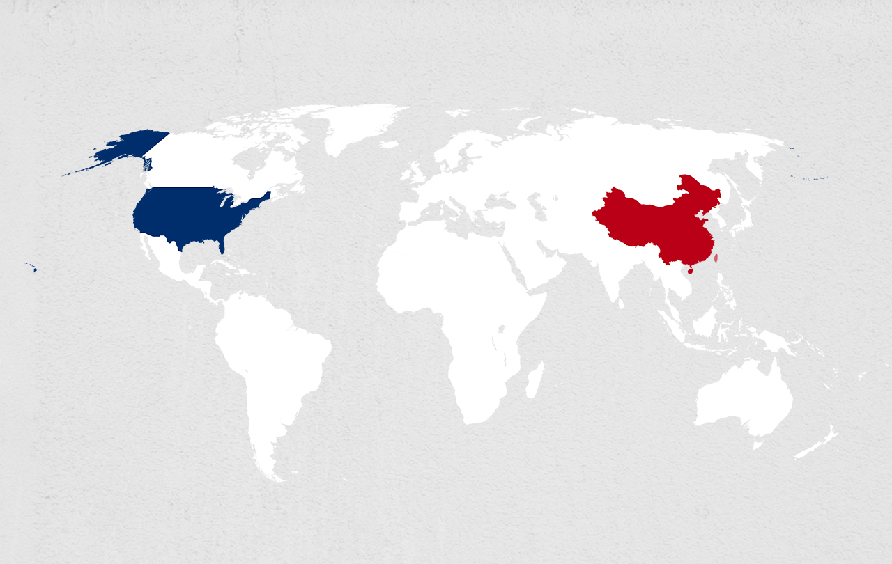 World map with US colored in blue and China colored in red