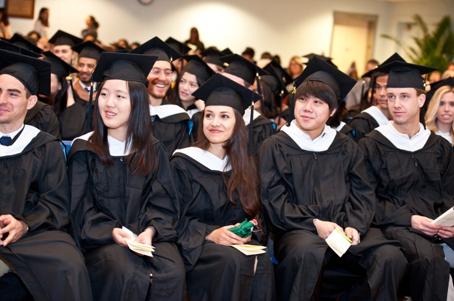 Students listen to a speech during the commencement ceremony.