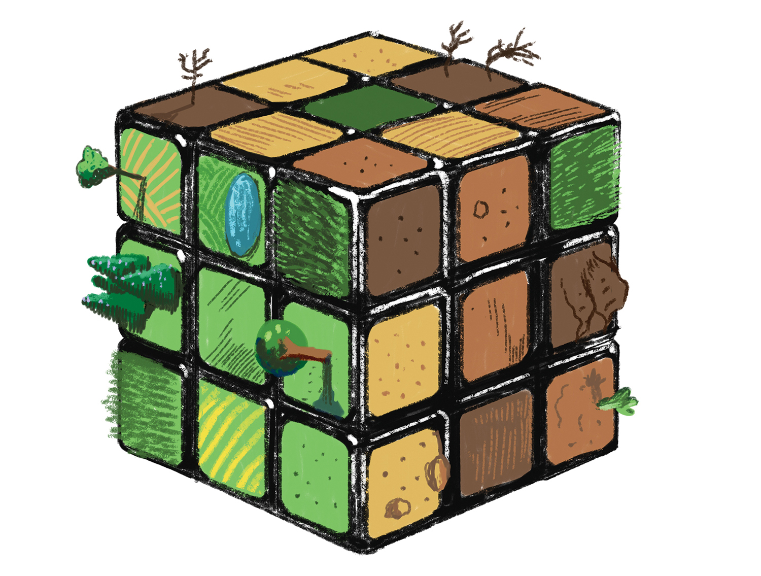 An illustration of an earth-colored Rubik's cube with trees, grass and dirt on its surface. 