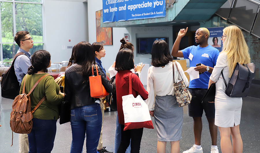 Students on a tour of Brandeis University.