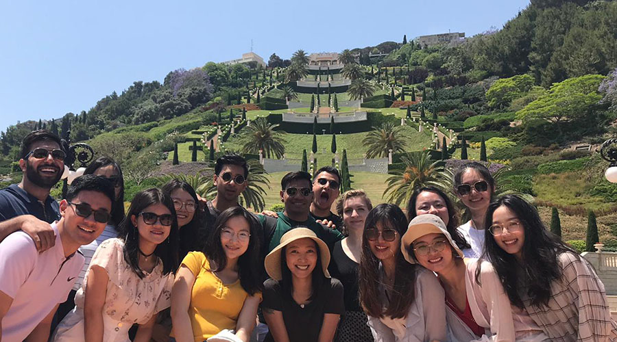 Students trek through the Baha'i Gardens.