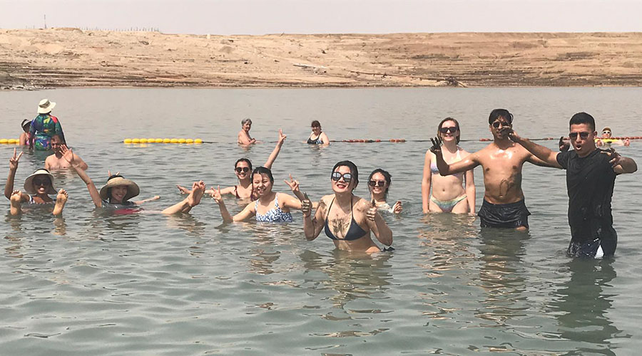 Students floating in the Dead Sea.