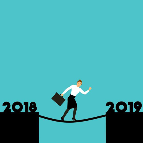 Graphic showing a person walking a tightrope from 2018 to 2019