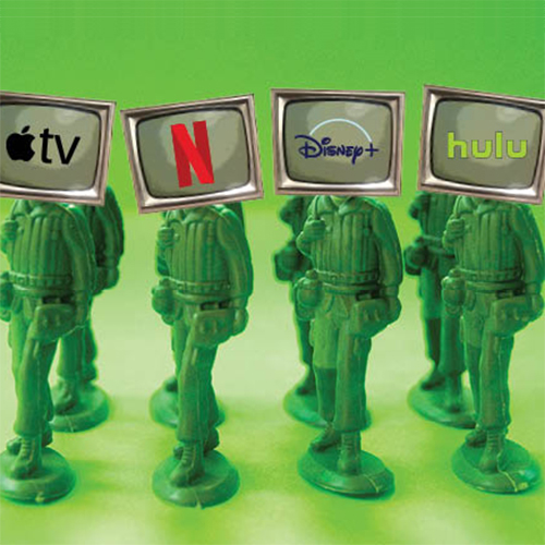 Green toy soldiers with their heads replaced with TVs: Netflix, Hulu, Disney+ and Hulu.