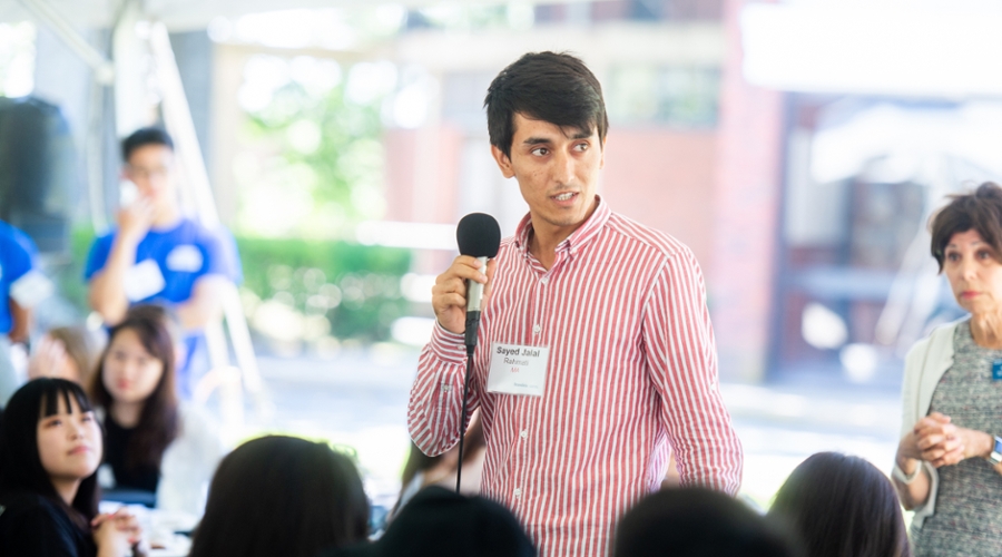 Sayed Jalal Rahmati, a Fulbright Scholar from Afghanistan, introduced himself to more than 250 new Brandeis International Business School students during orientation.