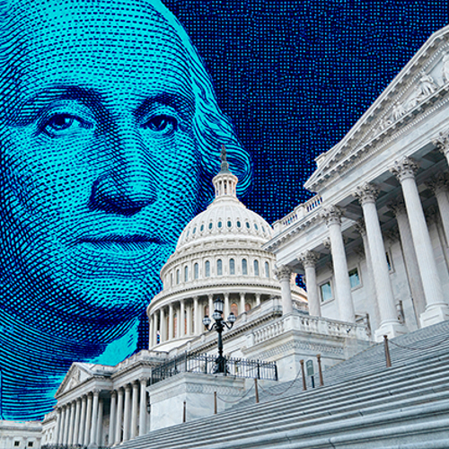 A graphic illustration of the US Capitol with a blue image of George Washington in the style of his portrait on the one-dollar bill above it.